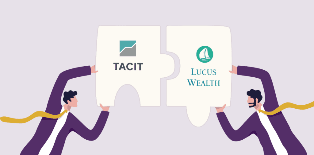 illustration of two characters combining Tacit and Lucus Wealth logos on jigsaw pieces